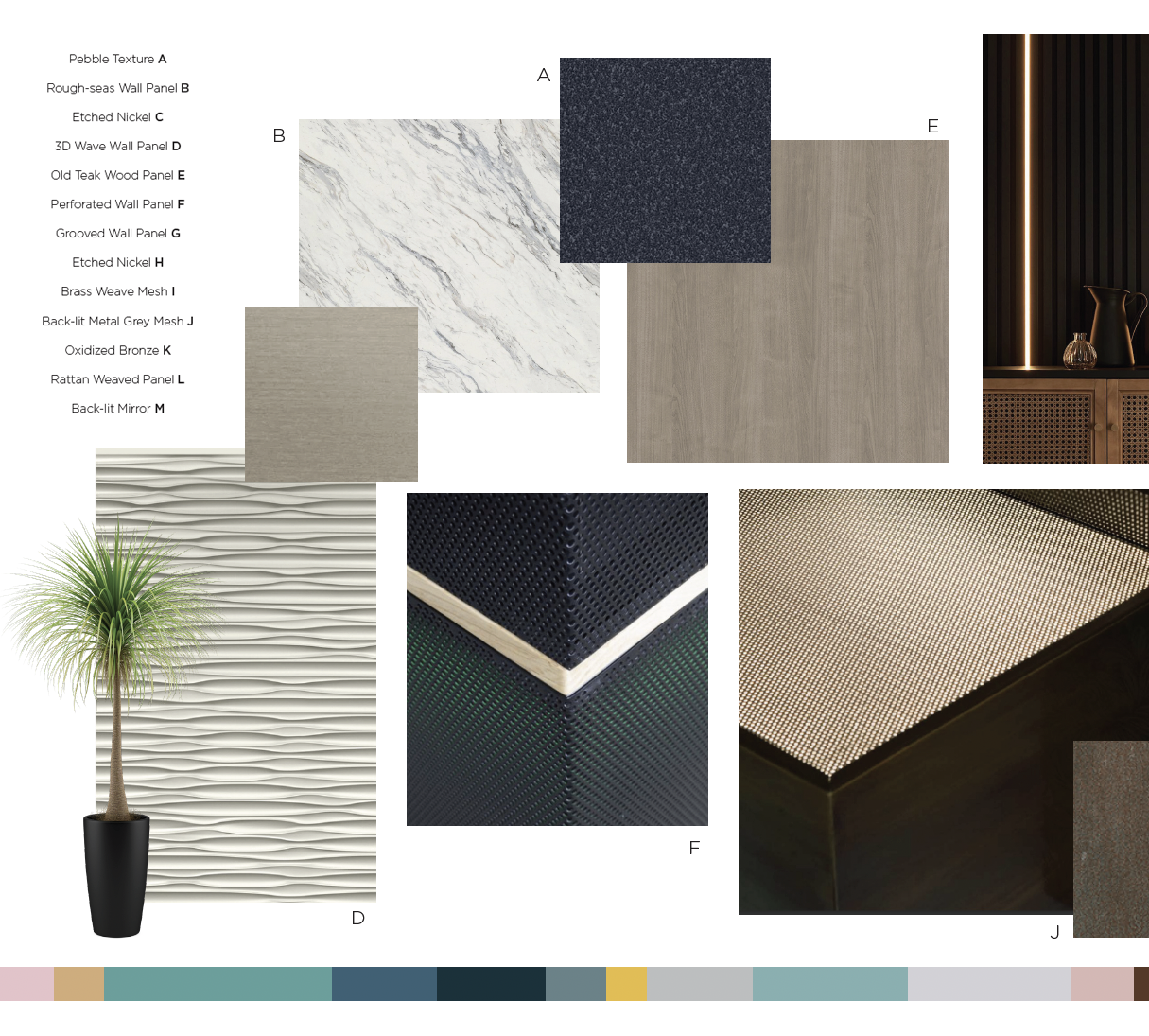 Interior design mood board featuring various wall panels, textures, finishes, and a potted plant, with a dark wooden wall and decorative items in the background.