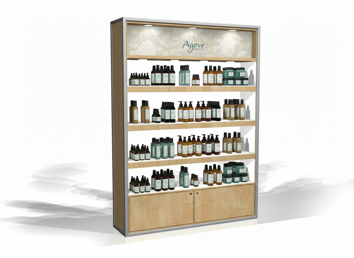 Display shelf with bottles of skincare or cosmetic products, labeled "Agave," with a light wood finish and a floral background.