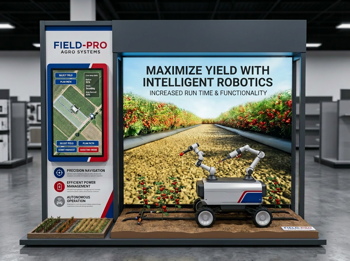 Display showcasing a robotic agricultural system for maximizing crop yield with AI technology, featuring a robotic arm and a setup of crops.