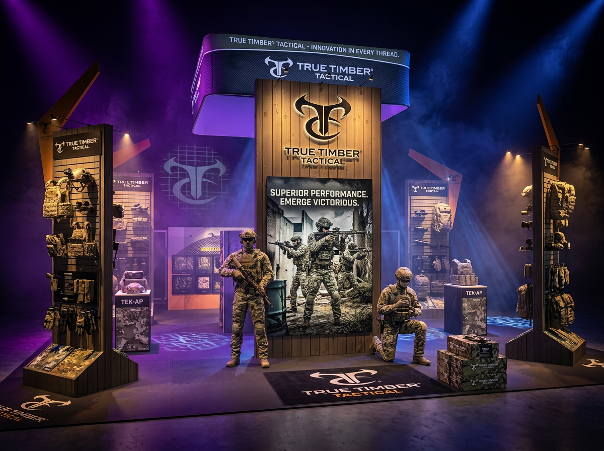 A display booth for True Timber Tactical, showcasing tactical gear and mannequins dressed in military uniforms with weapons, under colorful lighting effects.