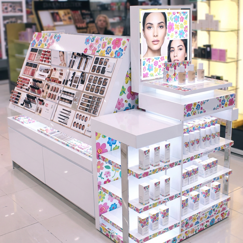 Beauty makeup and skincare display in a store with floral-themed packaging, including makeup palettes, foundations, and sprays, featuring a large promotional poster of a woman with flawless makeup.