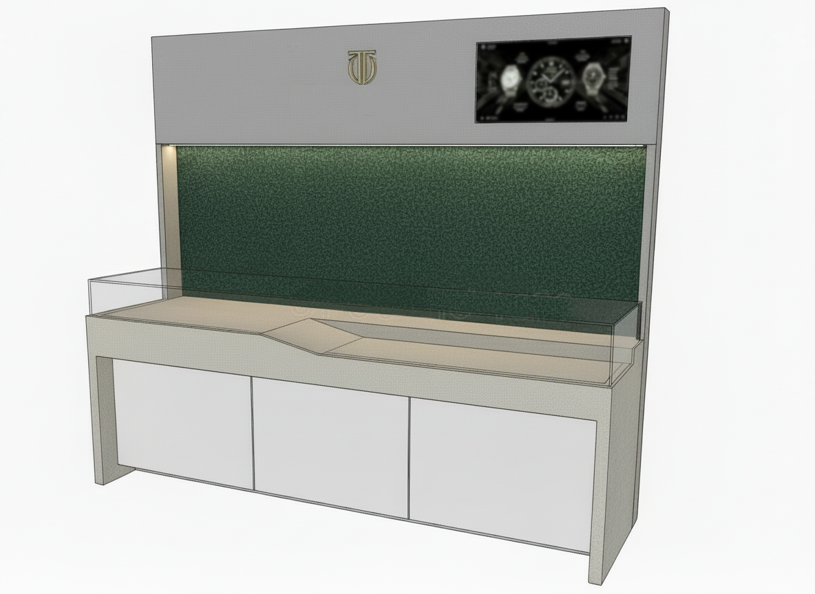 A modern exhibition display stand with a clock and watch-related logo on top, a watch display area, and a digital screen showing watch images.