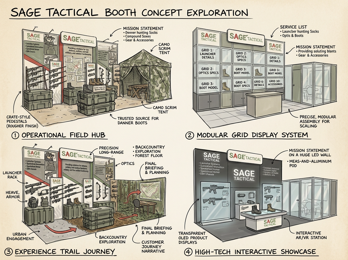 Diagram of Sage Tactical booth concept exploration with four sections: operational field hub, modular grid display system, experience trail journey, and high-tech interactive showcase. Includes details on booth design, purpose, and features like gear