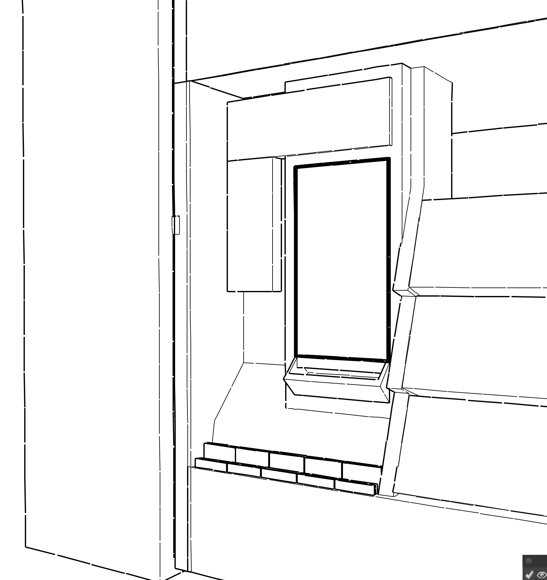 Line drawing of a building's entrance with stairs, a glass door, and an overhang above the doorway.