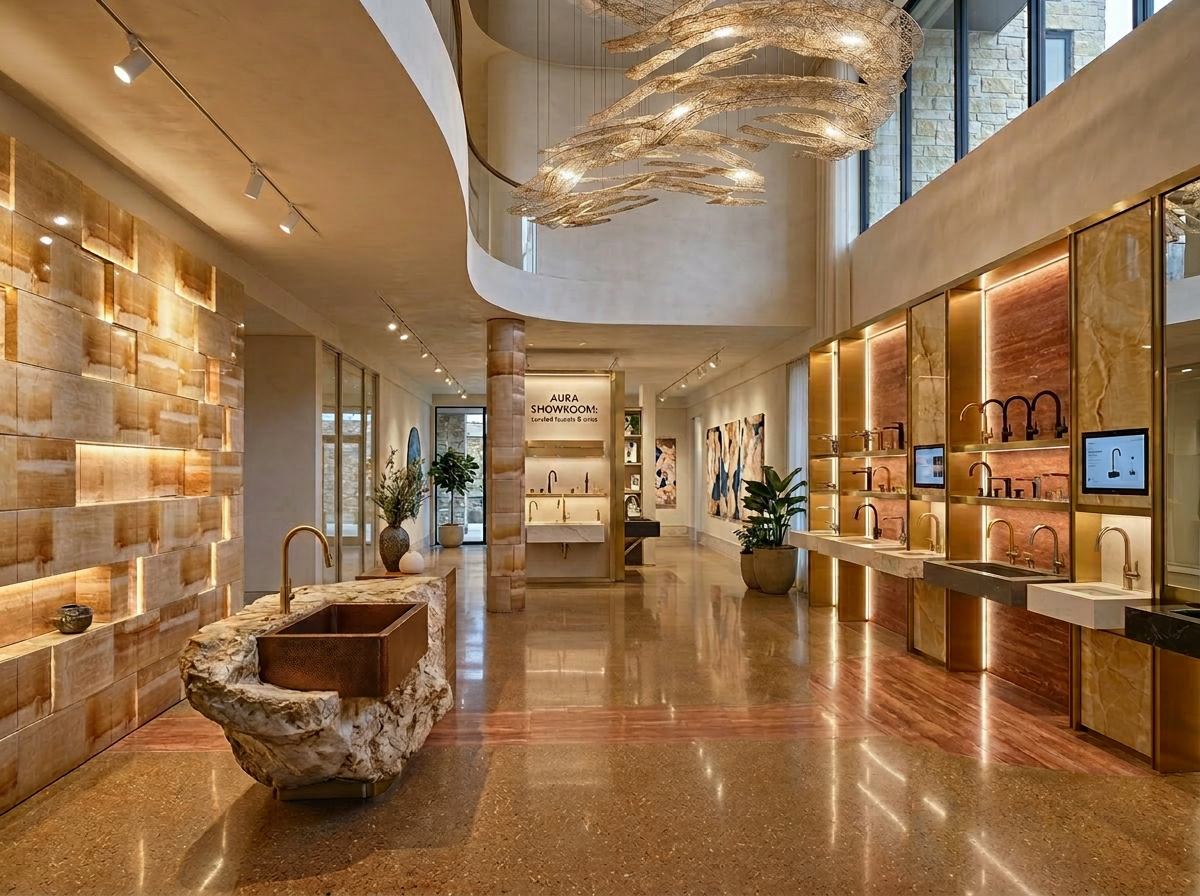 Interior of a modern showroom displaying various faucets and sinks with warm lighting and natural stone decor.