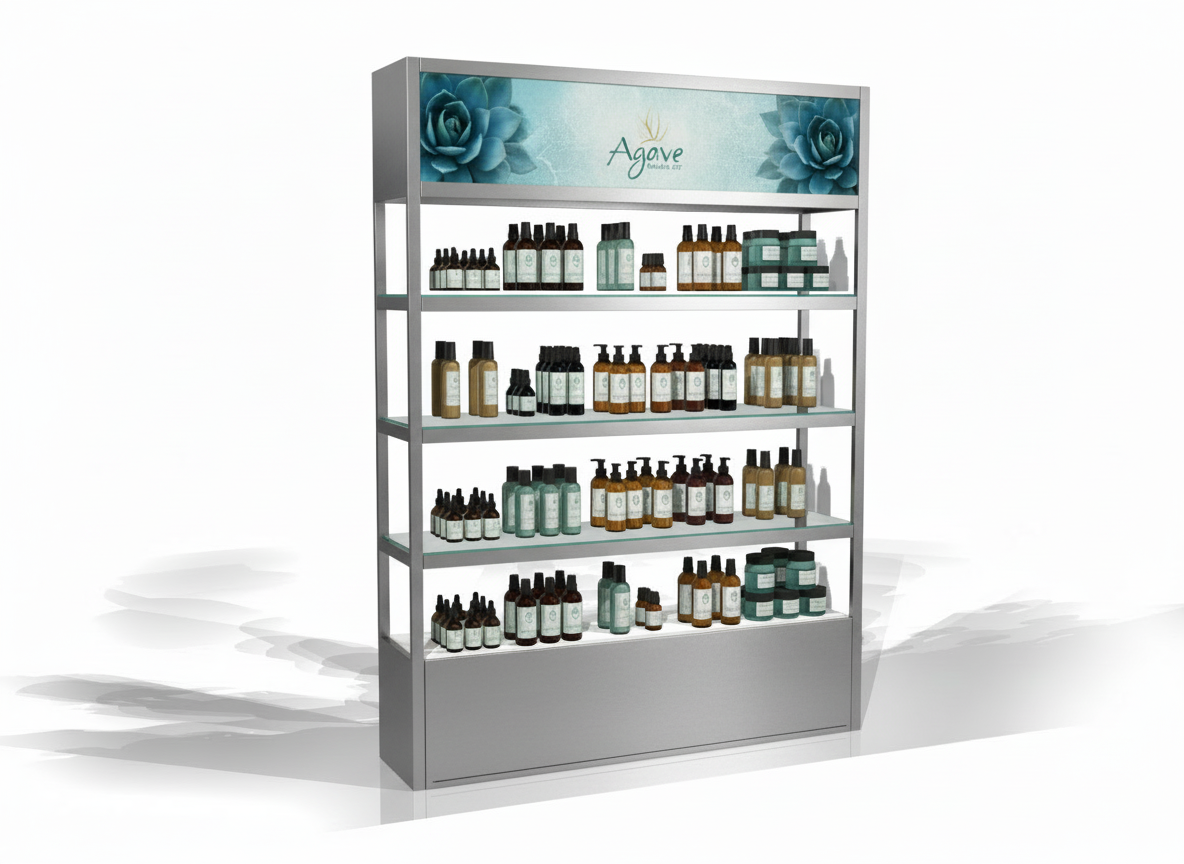 Display shelf labeled 'Agave' with skincare or cosmetic products in bottles.