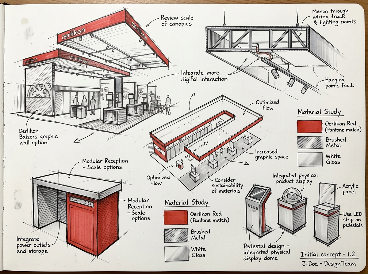 Sketch of a trade show booth and product display area. Elements include modular reception desks with scale options, integrated power outlets, and storage; a physical product display with a pedestal and physical display dome; a materials study area wi
