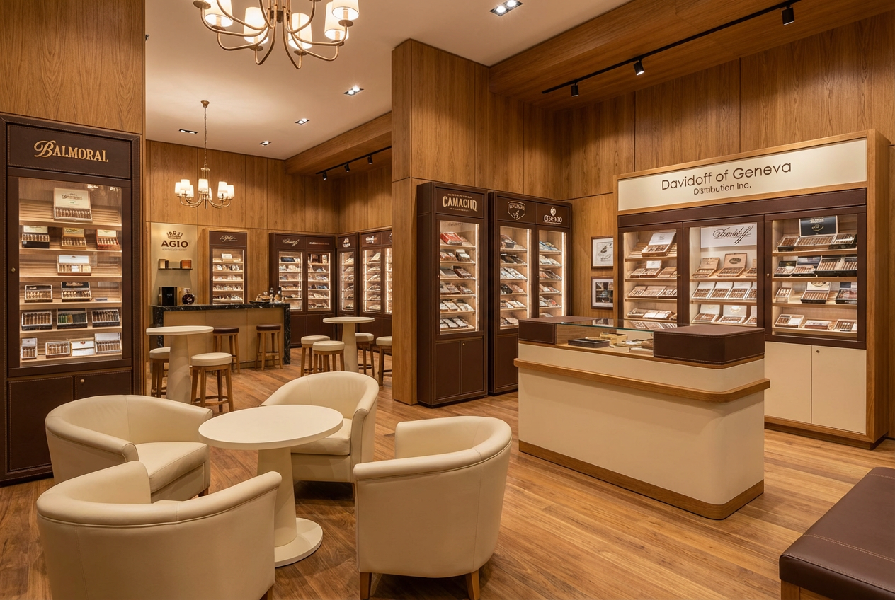 A cigar lounge with wooden walls and flooring, featuring display cases of cigars, a seating area with white armchairs and round tables, and a reception counter; elegant lighting includes chandeliers and spotlights.