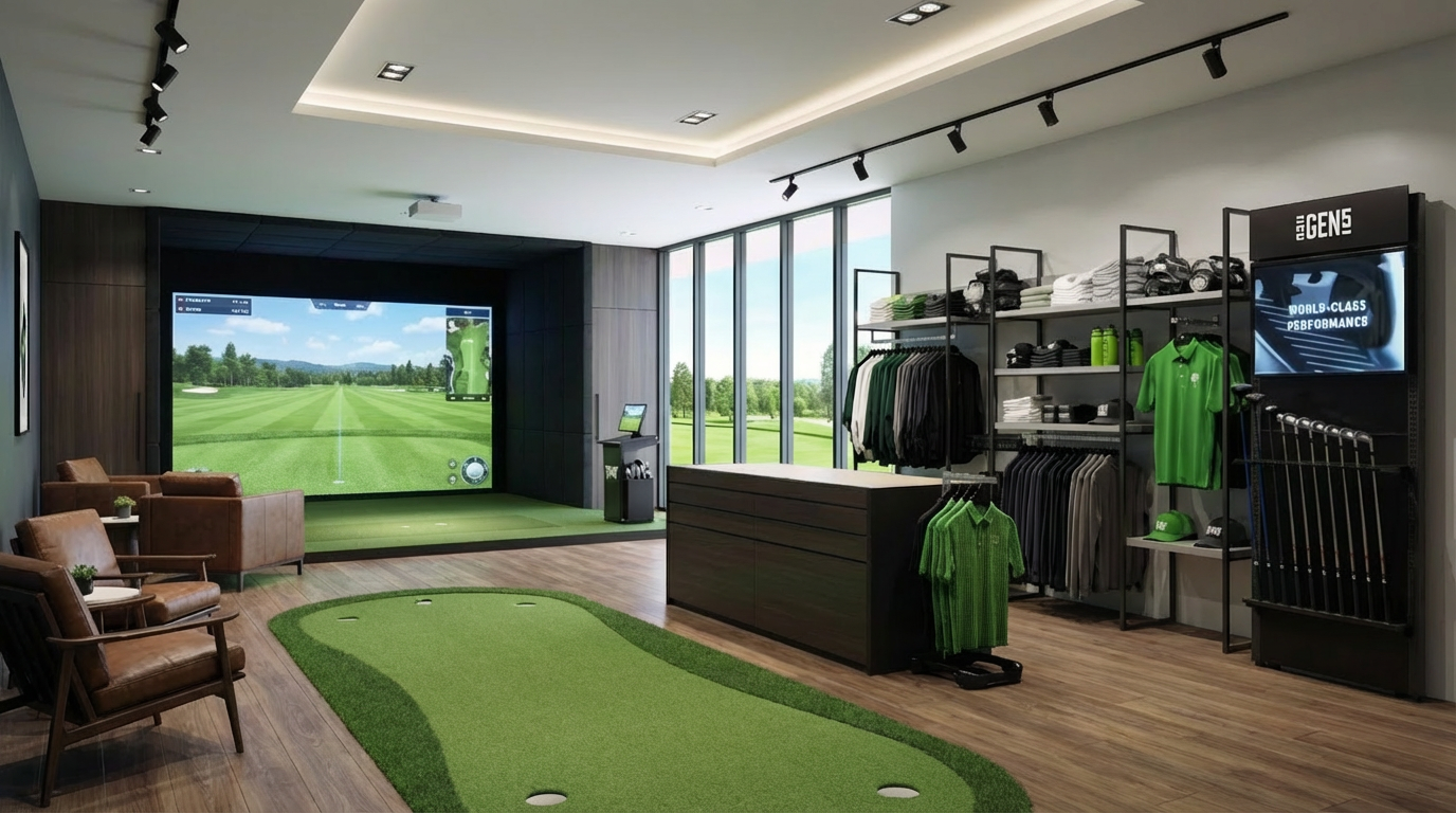 Indoor golf simulator room with seating and merchandise area, featuring a large screen displaying a golf course, and a small putting green on the floor.