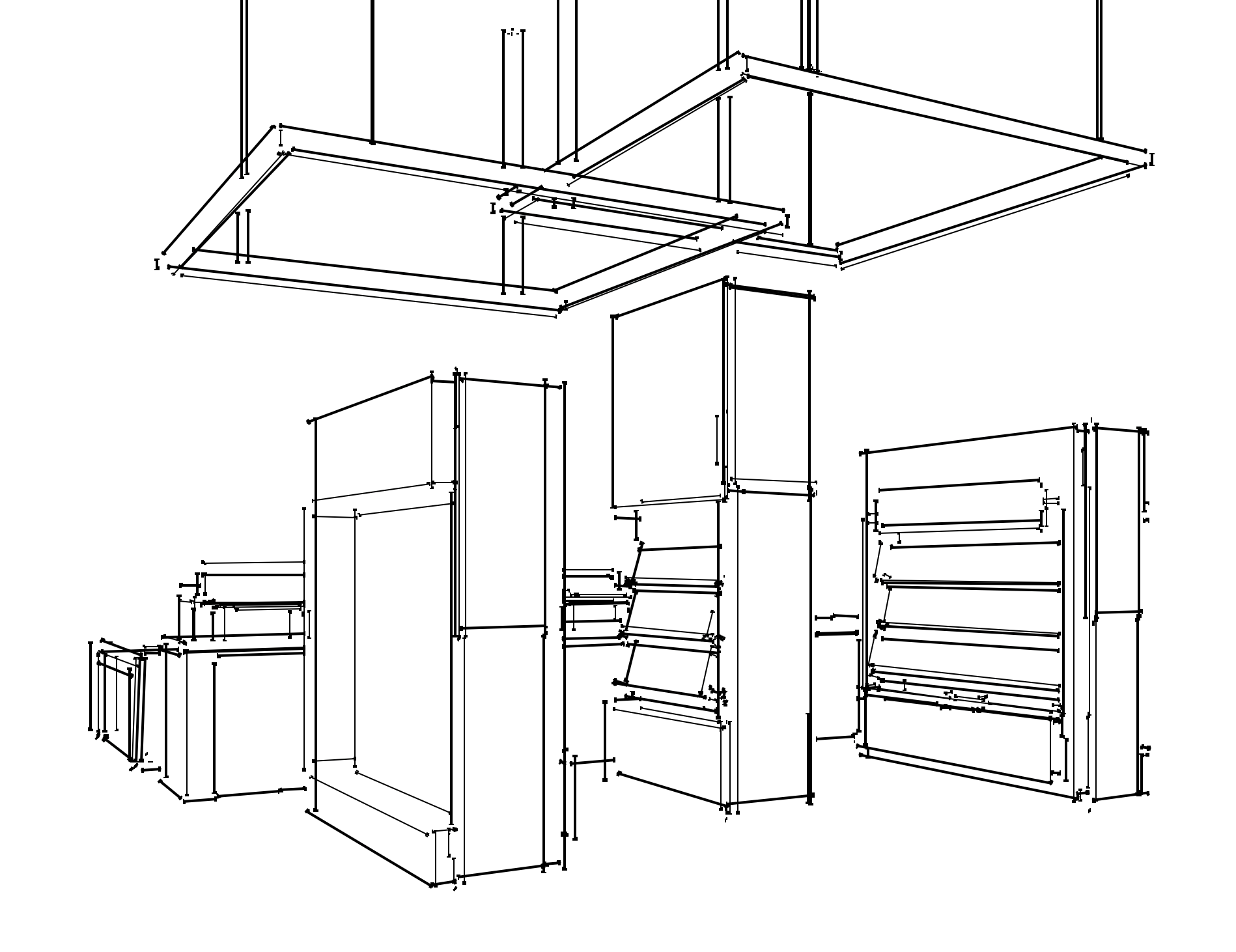Line drawing of a kitchen with upper cabinets, lower cabinets, a countertop, and a kitchen island, all outlined with measurements.