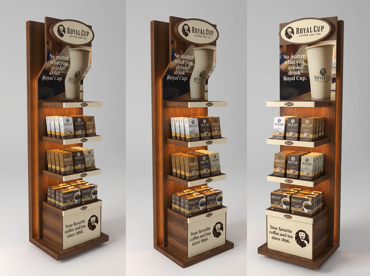 Display shelf with coffee products and branding for Royal Cup, featuring a large cartoon coffee cup at the top and a lion logo at the bottom, with text about coffee and tea since 1896.
