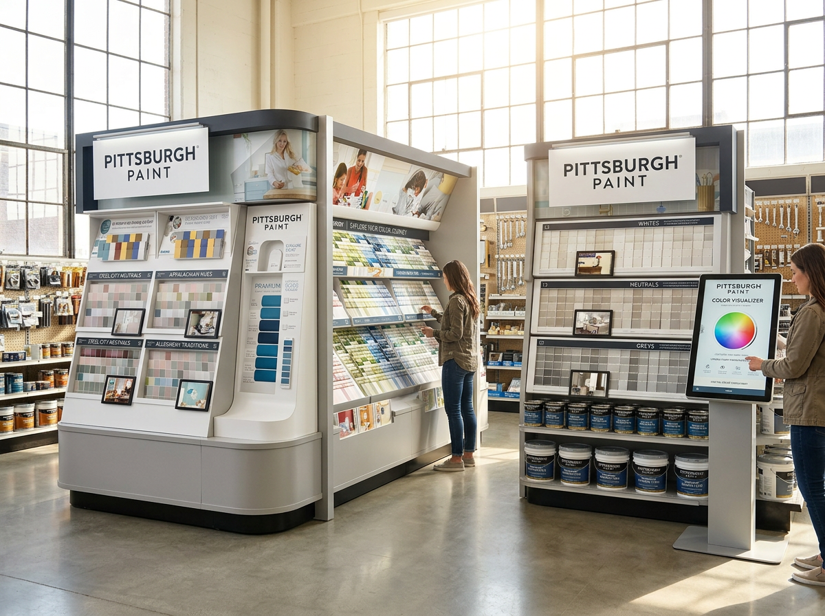 Interior of a paint store with two women browsing Pittsburgh Paint displays. One woman is examining paint color samples, and the other is using a digital color visualizer on a touchscreen display.