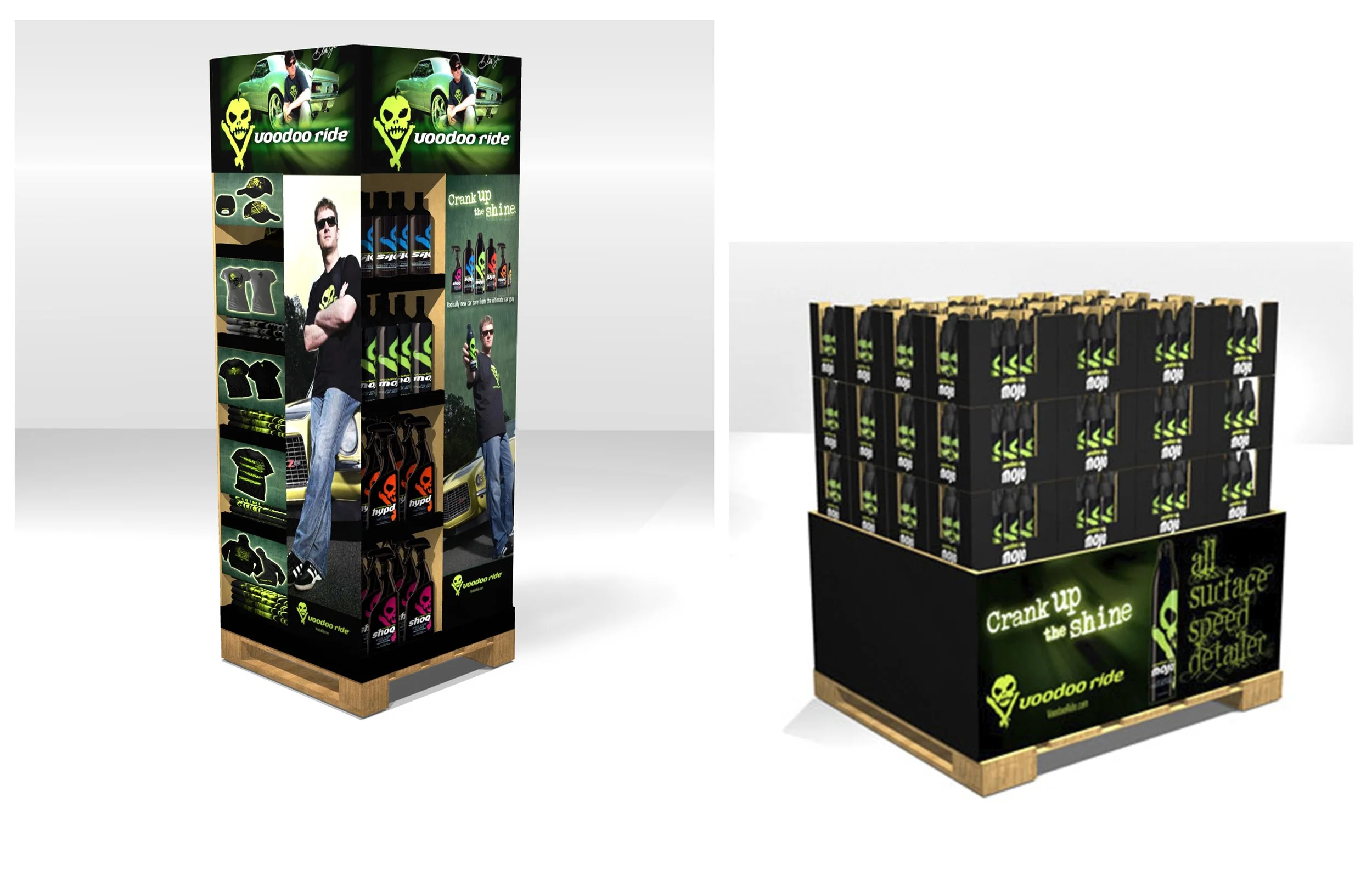Display rack and pallets with branding for Voodoo Ride products, featuring automotive accessories like steering wheel covers, spray bottles, and t-shirts with skull logos, promoting car care with phrases like 'Crank up the shine' and 'Suction speed d