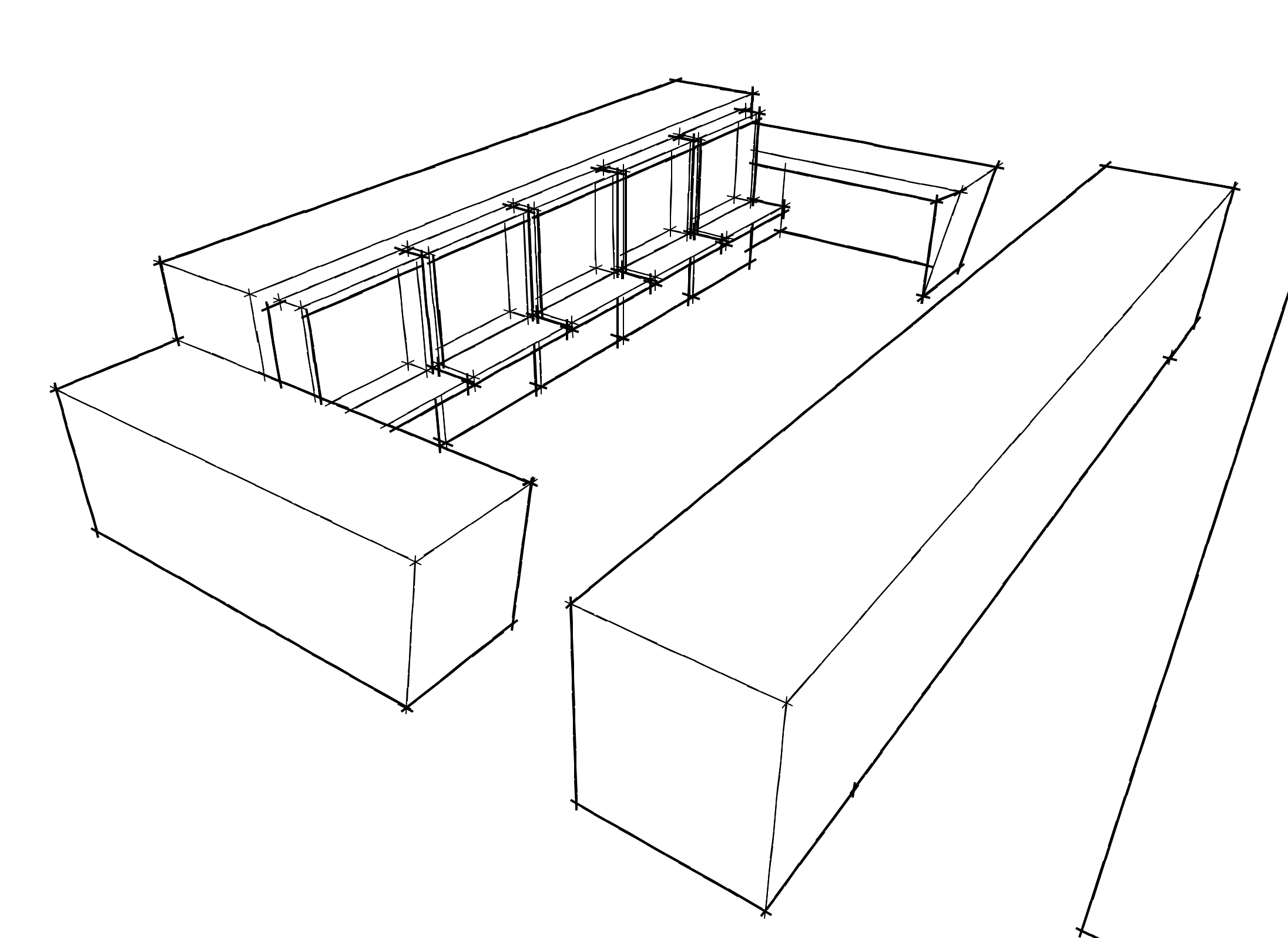 Architectural blueprint of a building structure with detailed measurements and design lines.