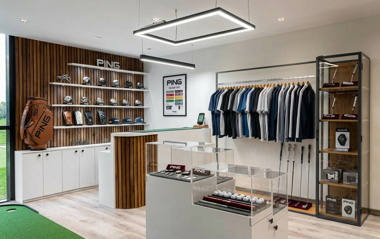Golf shop interior displaying Ping golf equipment, hats, and apparel, with a fitting and display area.