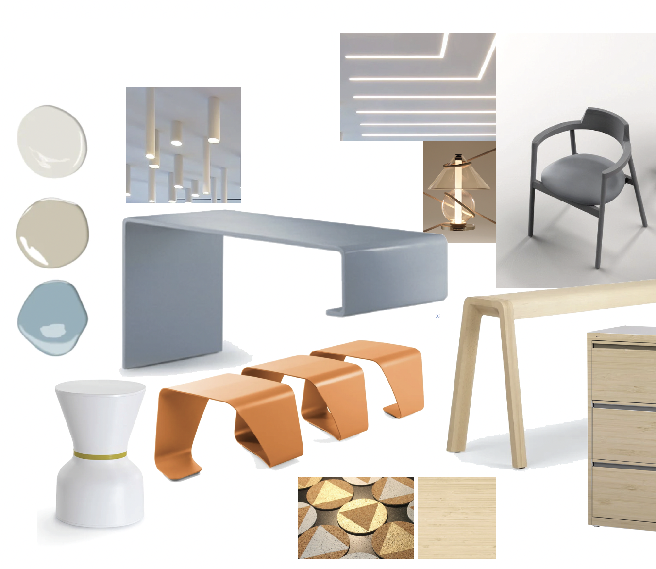 A collection of modern furniture and design elements, including chairs, tables, lighting, and decorative items in neutral and pastel colors.