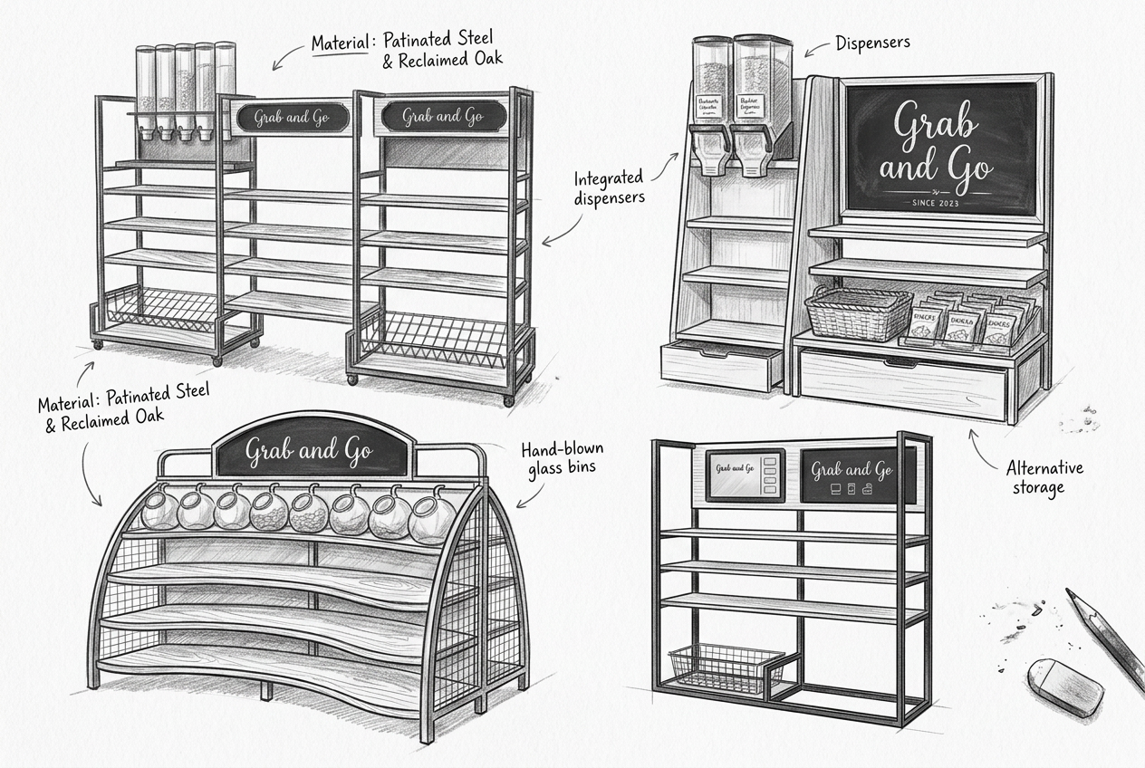 Sketch of different retail shelving units for a grab-and-go section, made of patinated steel and reclaimed oak, including dispensers, integrated dispensers, glass bins, and alternative storage with chalkboard signs.