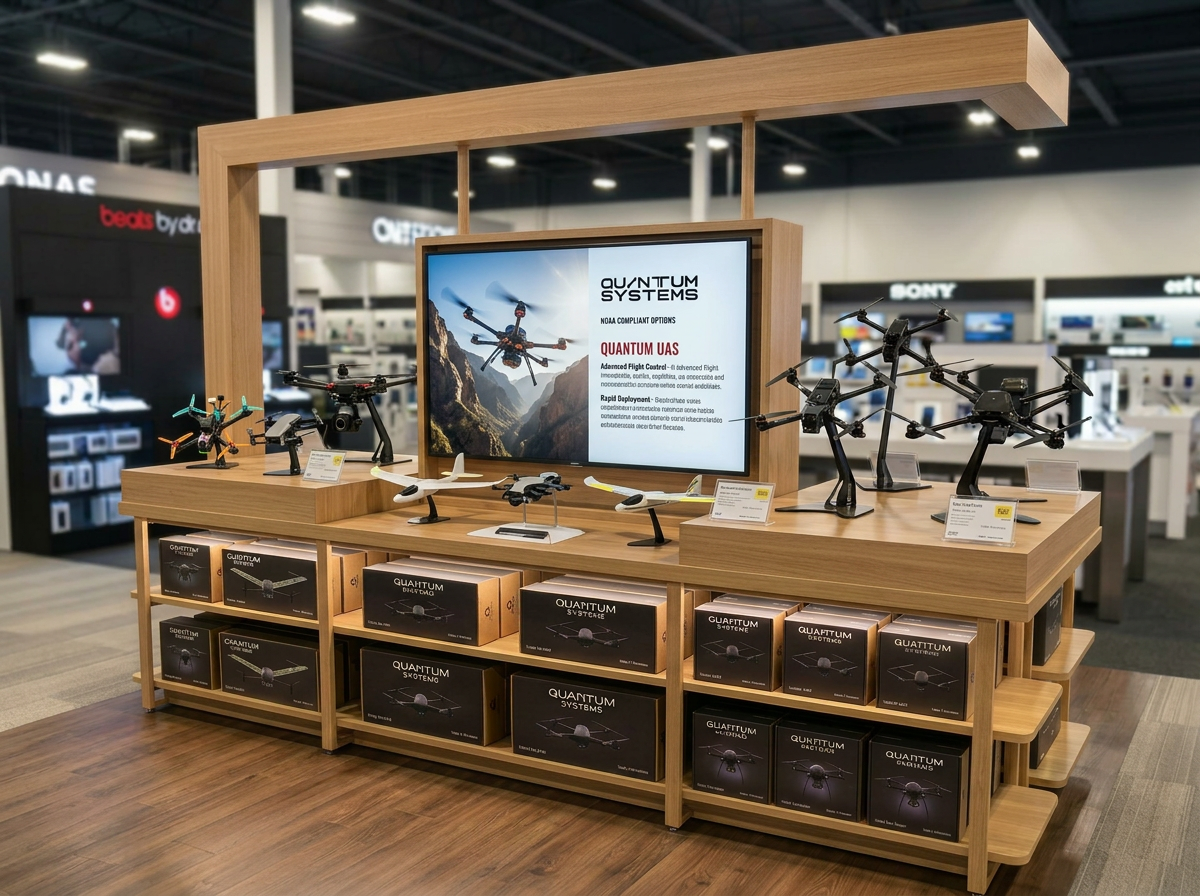 Display of various drones, with boxes of drone products on shelves beneath, in a retail electronics store.