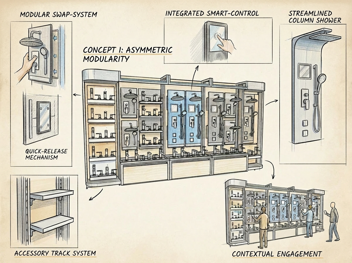 Design schematic of a modular shower system featuring an asymmetric modular structure with integrated smart control, accessory track system, streamlined column shower, and contextual engagement for user interaction.