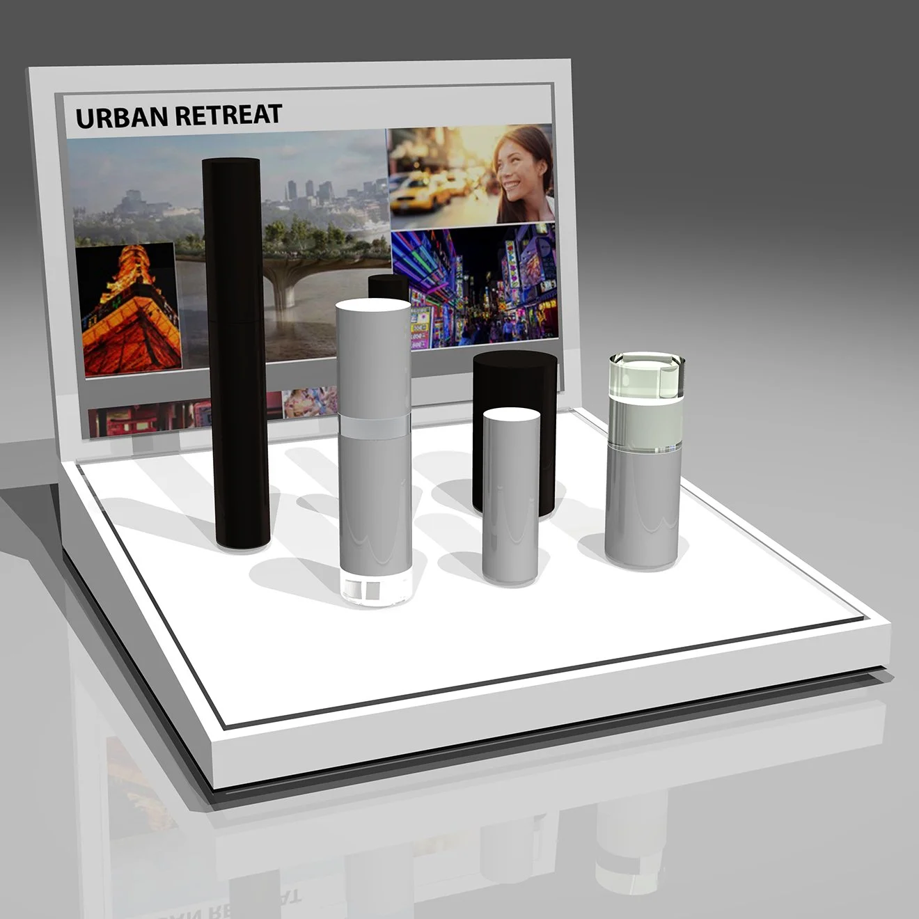 Cosmetic counter display with a board labeled 'Urban Retreat' showcasing cityscape, a smiling woman, bright city lights, and a building with fire on its roof. Five cylindrical objects are arranged in front.