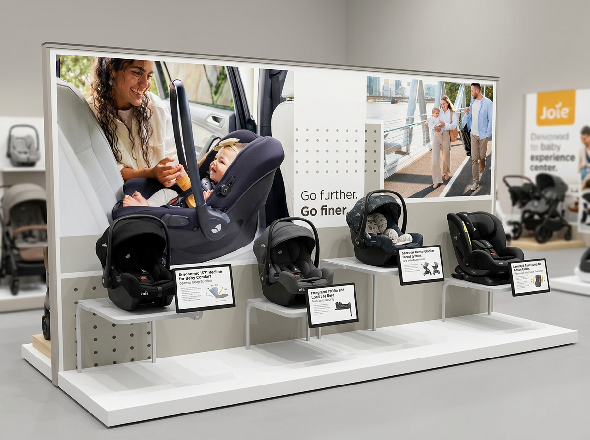 Display of four infant car seats with informational placards in a retail store, with large promotional images of a woman with a baby and a family walking outdoors in the background.
