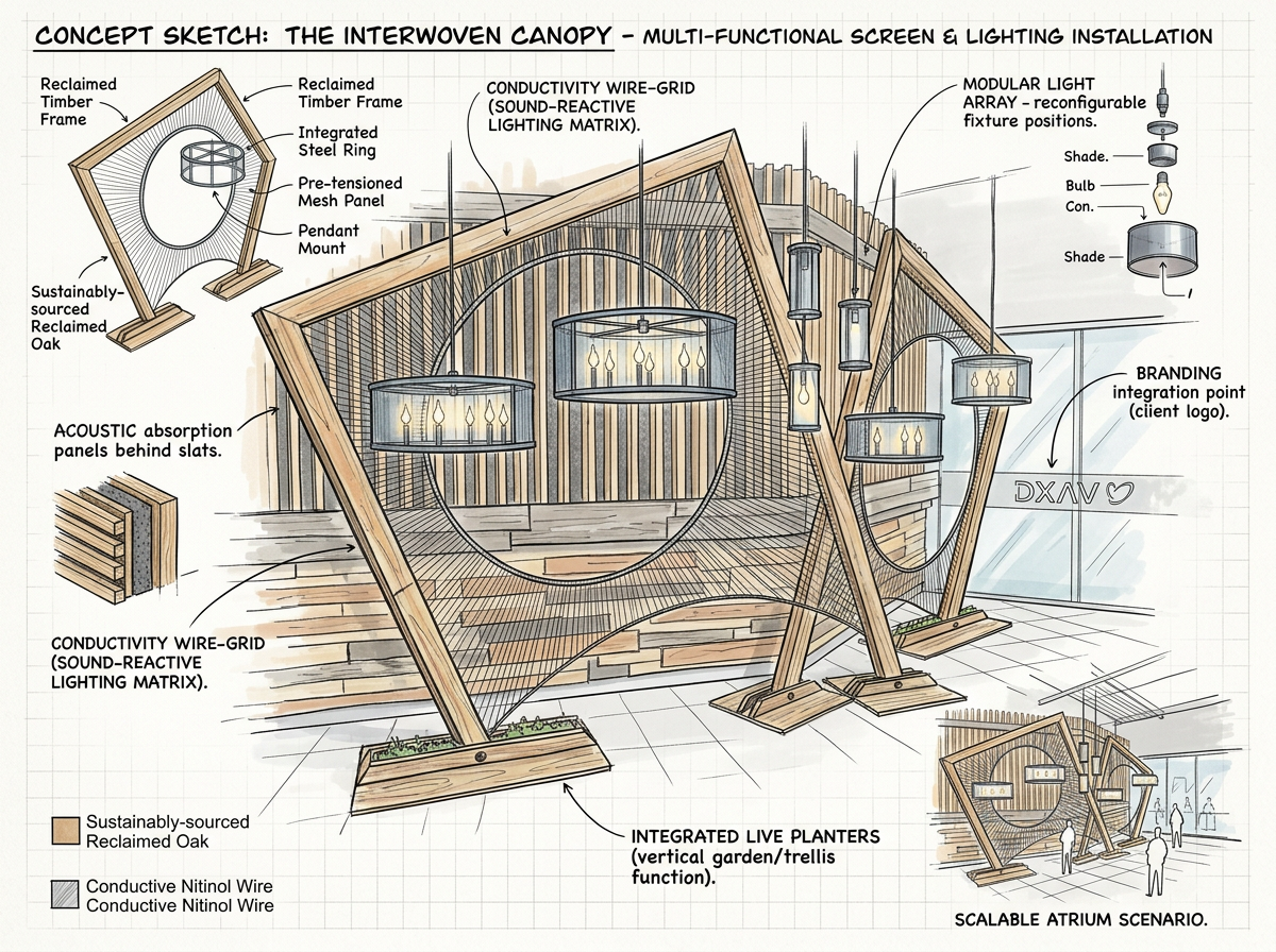 Concept sketch of an interwoven canopy with multi-functional screen and lighting installation, featuring reclaimed timber and oak, integrated steel ring, mesh panels, acoustic absorption, and conductive wire-grid for sound-reactive lighting. Includes