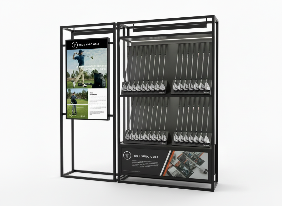 Golf club display stand with multiple golf clubs organized on shelves and an informational poster on the side.