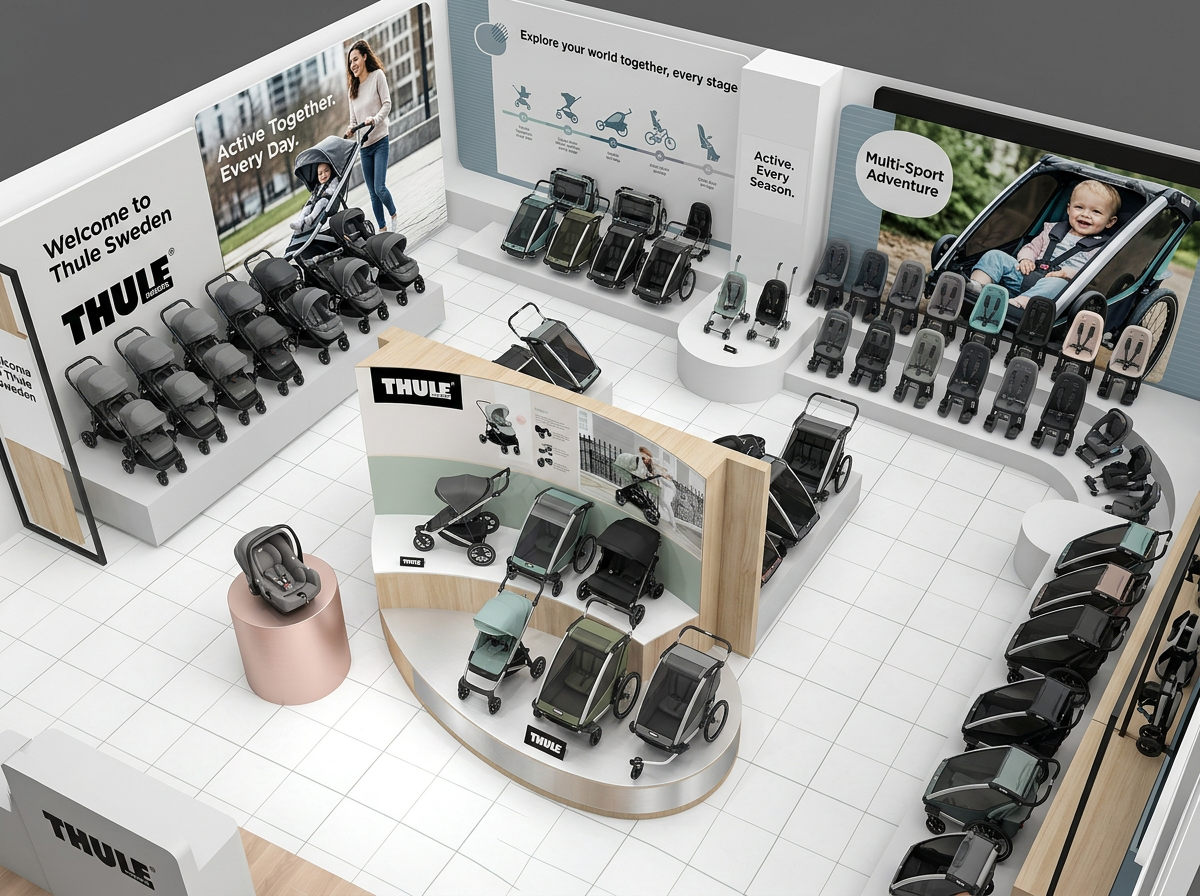 A showroom with Thule strollers and bike carriers on display, including large strollers, car seats, and bike trailers, with promotional posters and a woman pushing a stroller.
