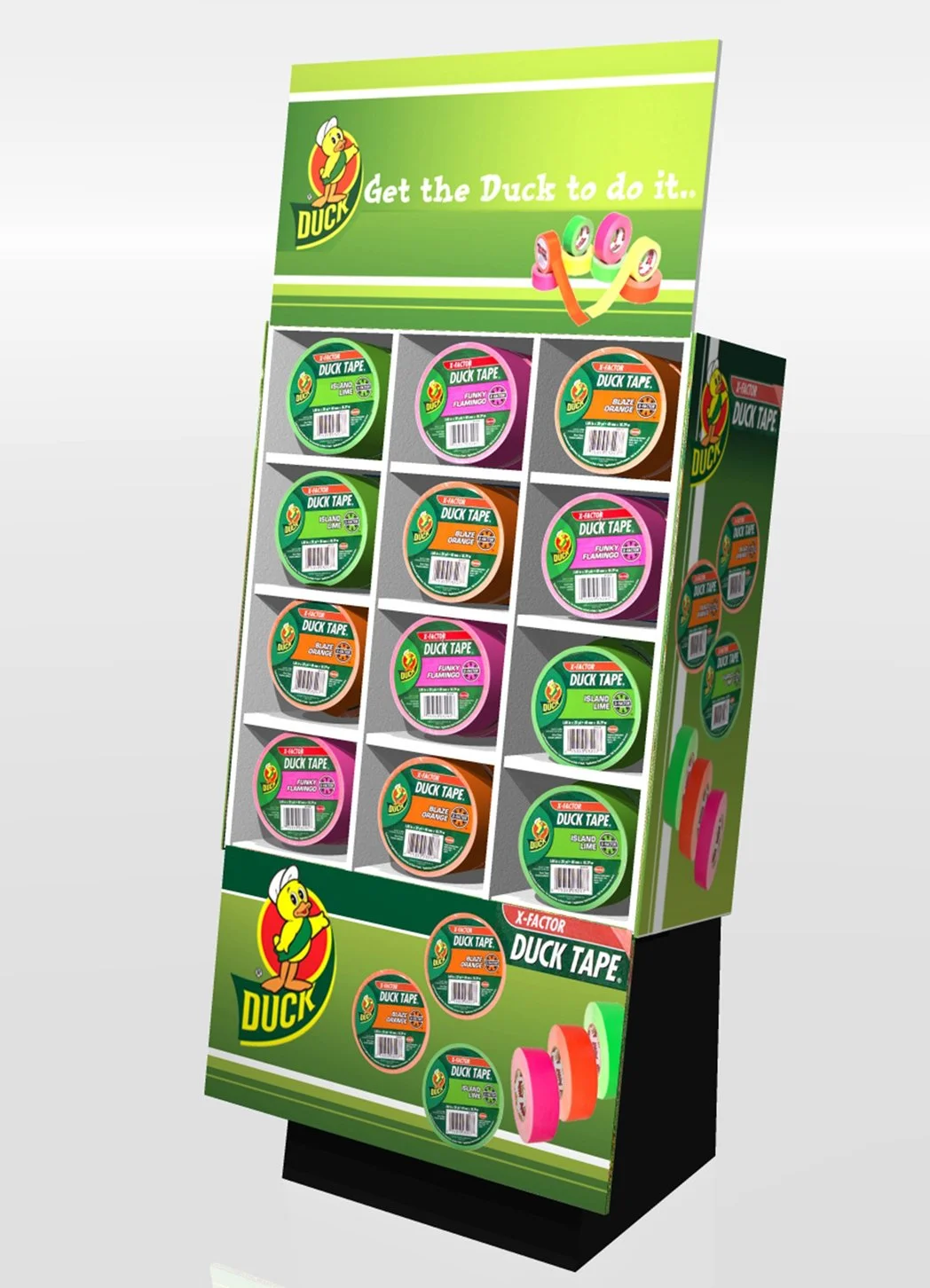 A display stand showcasing various colors of Duck Tape, with a green and yellow Duck logo and the slogan 'Get the Duck to do it...' at the top.