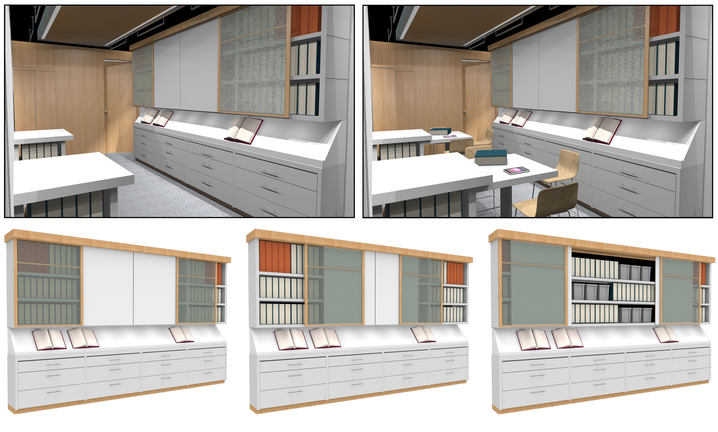 Interior view of a modern library or study room with white bookshelves, open books on display, wooden wall paneling, and a section with chairs and table. The exterior includes modern architectural design with large glass windows and a balcony.