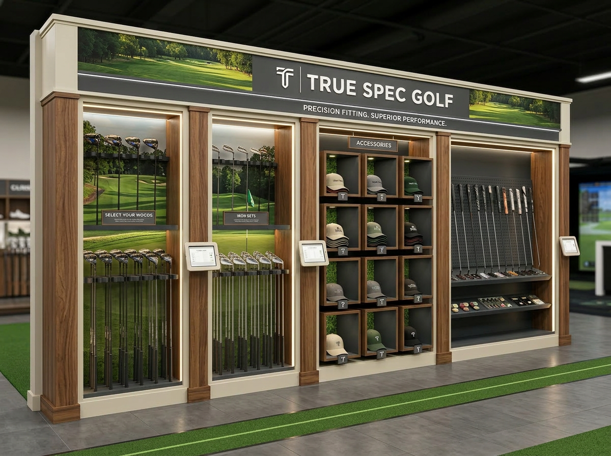 Display at True Spec Golf shop showcasing golf clubs, accessories, and apparel. The display includes golf club sets, numbered golf hats, and fitting tools, with promotional images of a golf course.