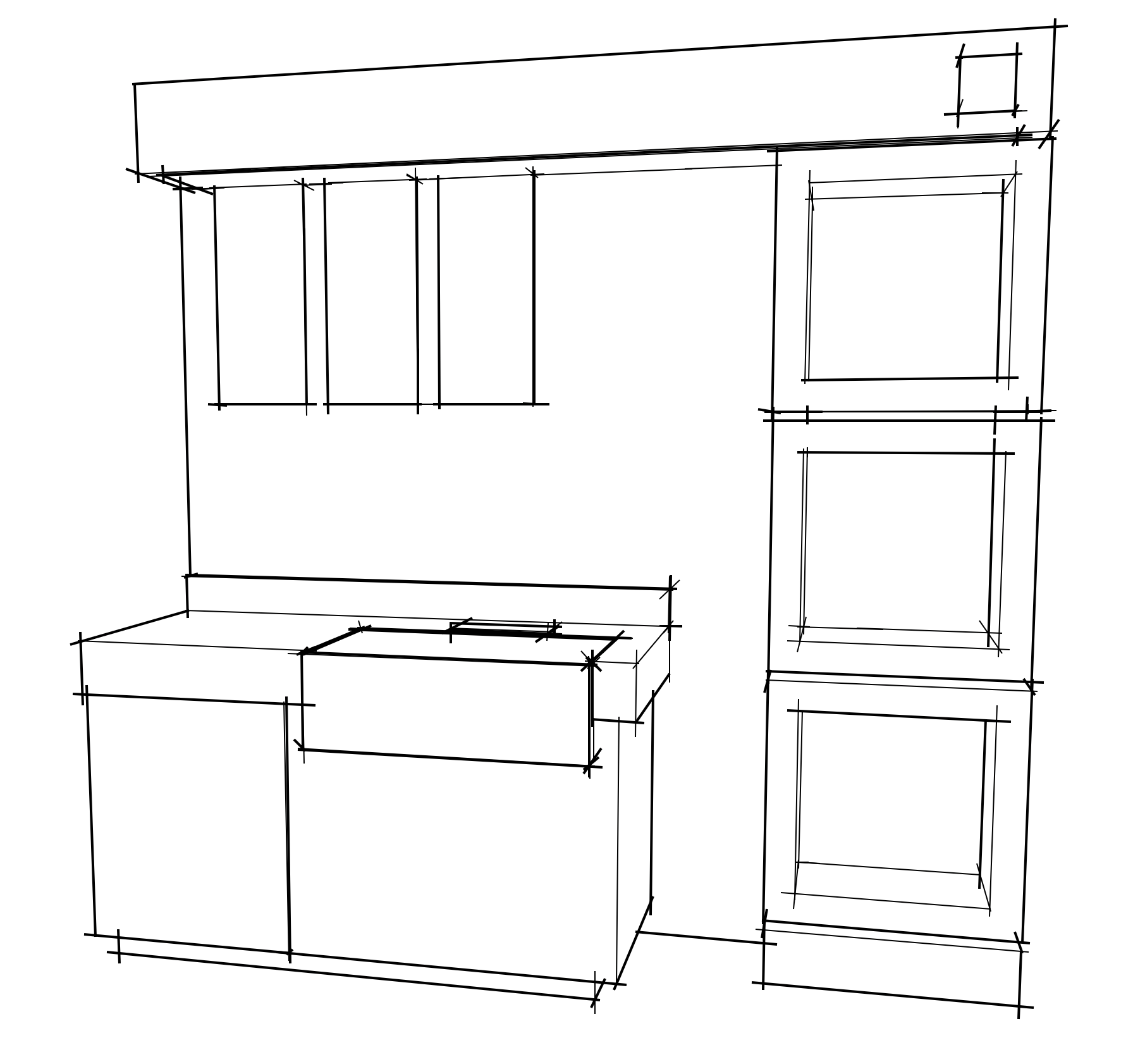 A wireframe 3D model of a building or house structure, showing the framework and layout details.