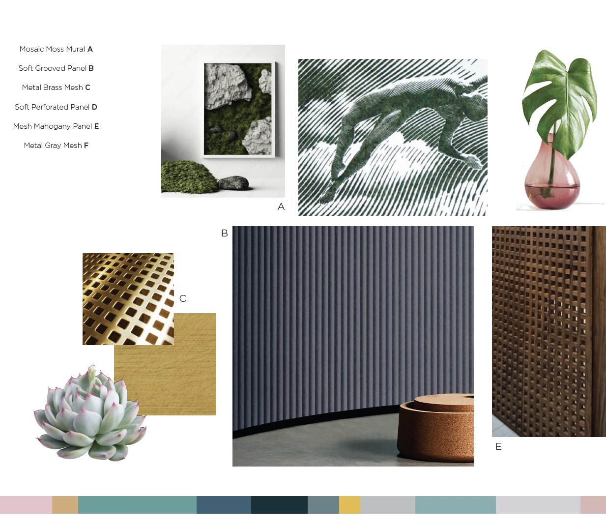 A collage of interior design elements featuring various textures and materials, including a moss mural, a photograph of a chameleon, a pink vase with a Monstera leaf, a gold perforated panel, dark grooved panel, wooden lattice panel, a succulent plan