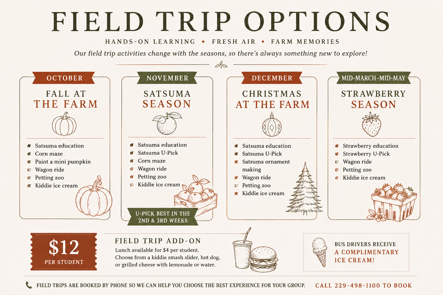 Seasonal school field trip options at Mitchell’s Family Farm in Boston, Georgia, including fall farm activities, satsuma U-Pick, Christmas activities and strawberry U-Pick.