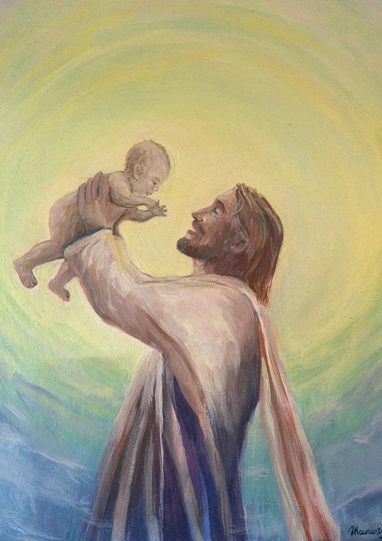 Painting of Mitchell with Jesus, honoring the faith and family story behind Mitchell’s Family Farm.