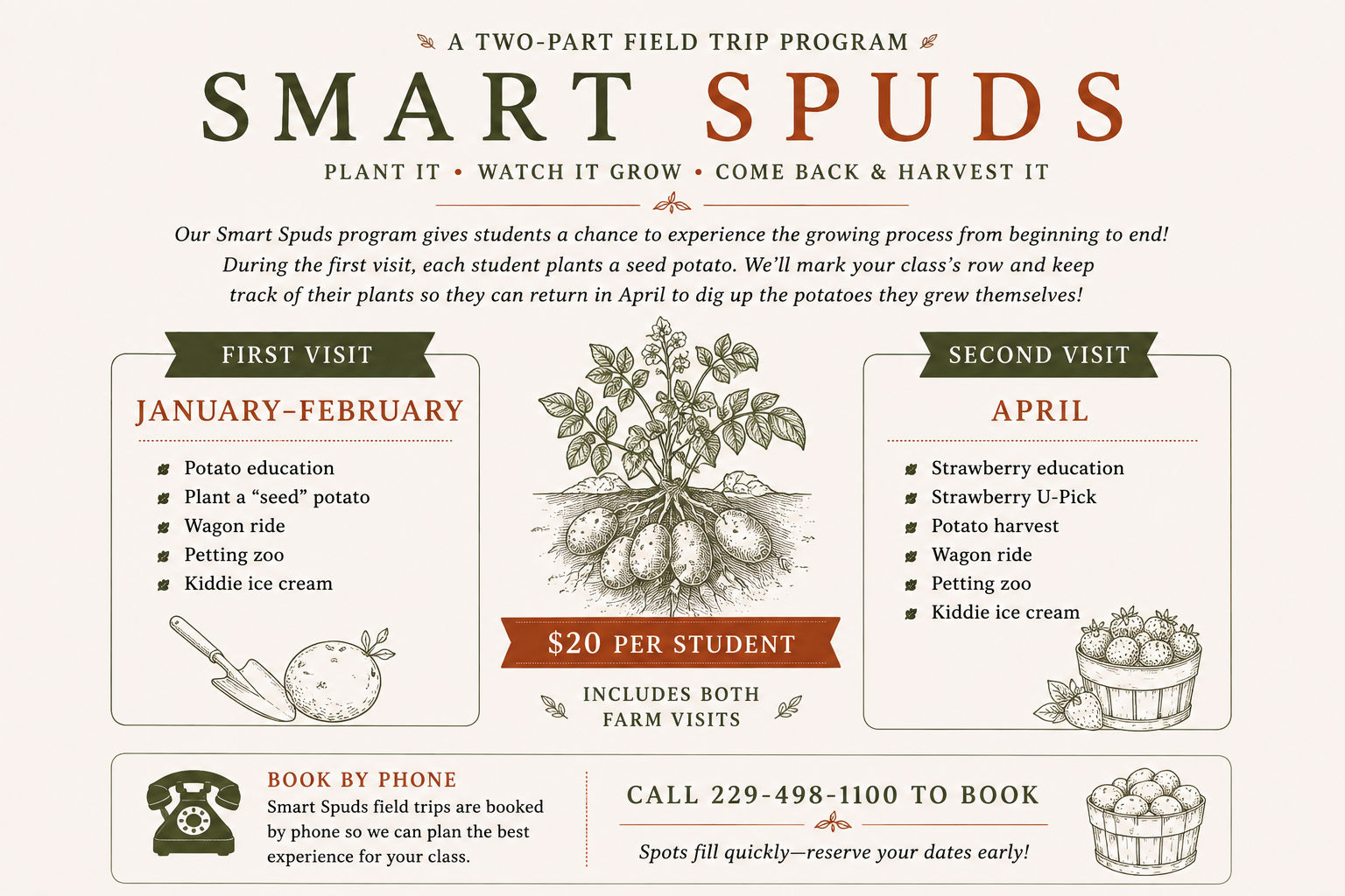 Smart Spuds two-part educational farm field trip at Mitchell’s Family Farm where students plant potatoes and return to harvest them.