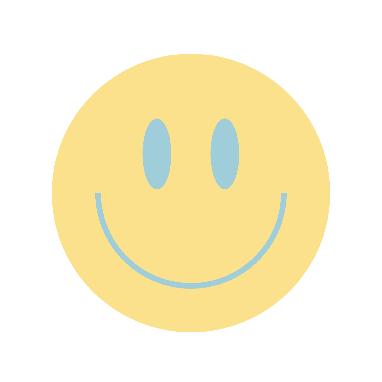 Close-up of a smiling yellow face emoji with light blue eyes and a curved smile, set against a black background.