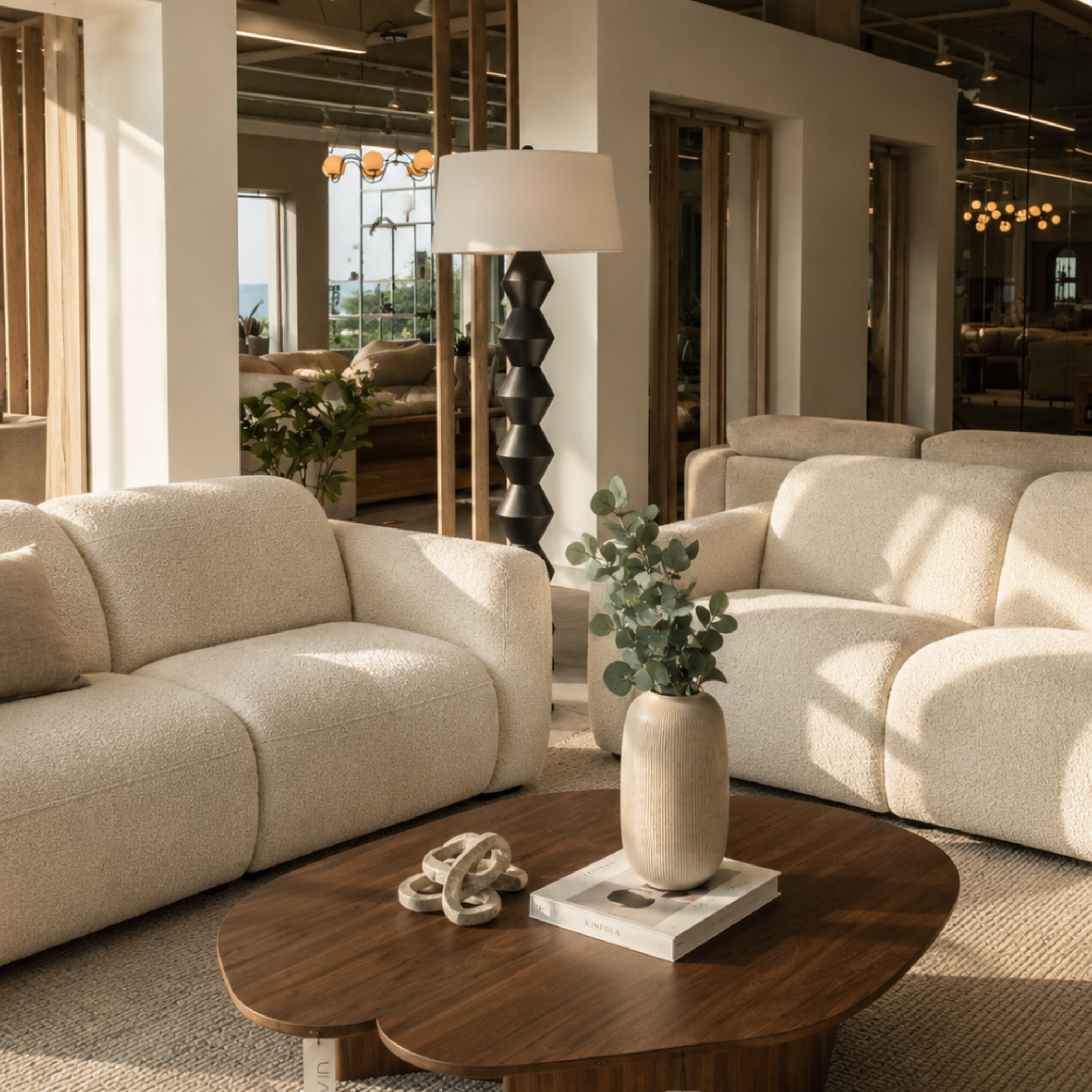 Living room with beige sofas, a round wooden coffee table with decorative items including a white curved sculpture and a white ceramic vase, a black and beige table lamp, and a large window with views of greenery outside.