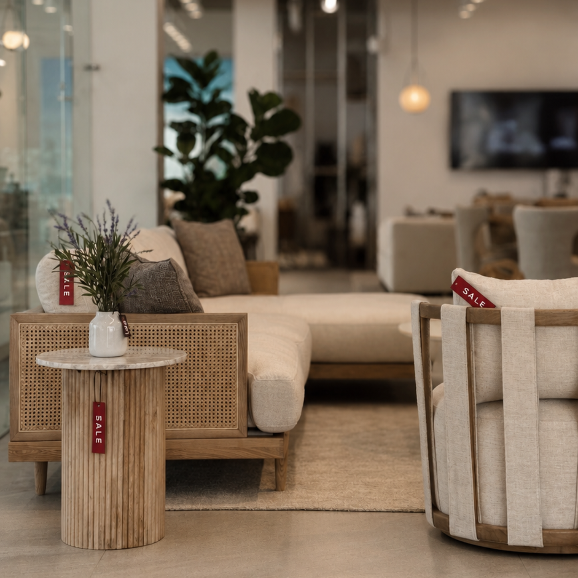 Display of furniture including a round wooden table with a white vase holding lavender flowers, beige upholstered chairs, and a larger armchair, in a well-lit modern store.