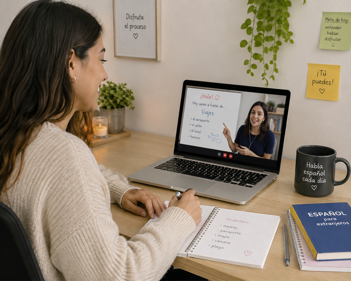 A student taking an online Spanish lesson with a teacher via video call