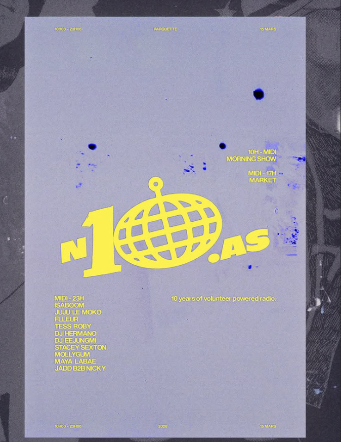 A light purple poster with yellow text and graphics promoting a 10-year anniversary event for volunteer-powered radio, featuring a large yellow logo with a globe and an antenna. The poster includes event times, date, location, and list of performers.