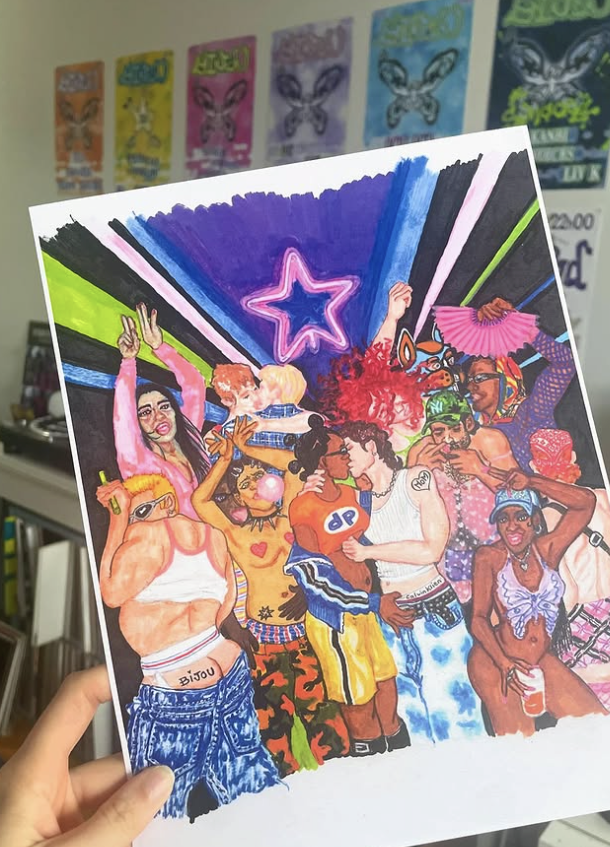 Colorful illustration of a diverse group of young people at a party, with neon signs and rainbow lights in the background. They are dancing, holding drinks, and socializing, wearing vibrant casual outfits and accessories.