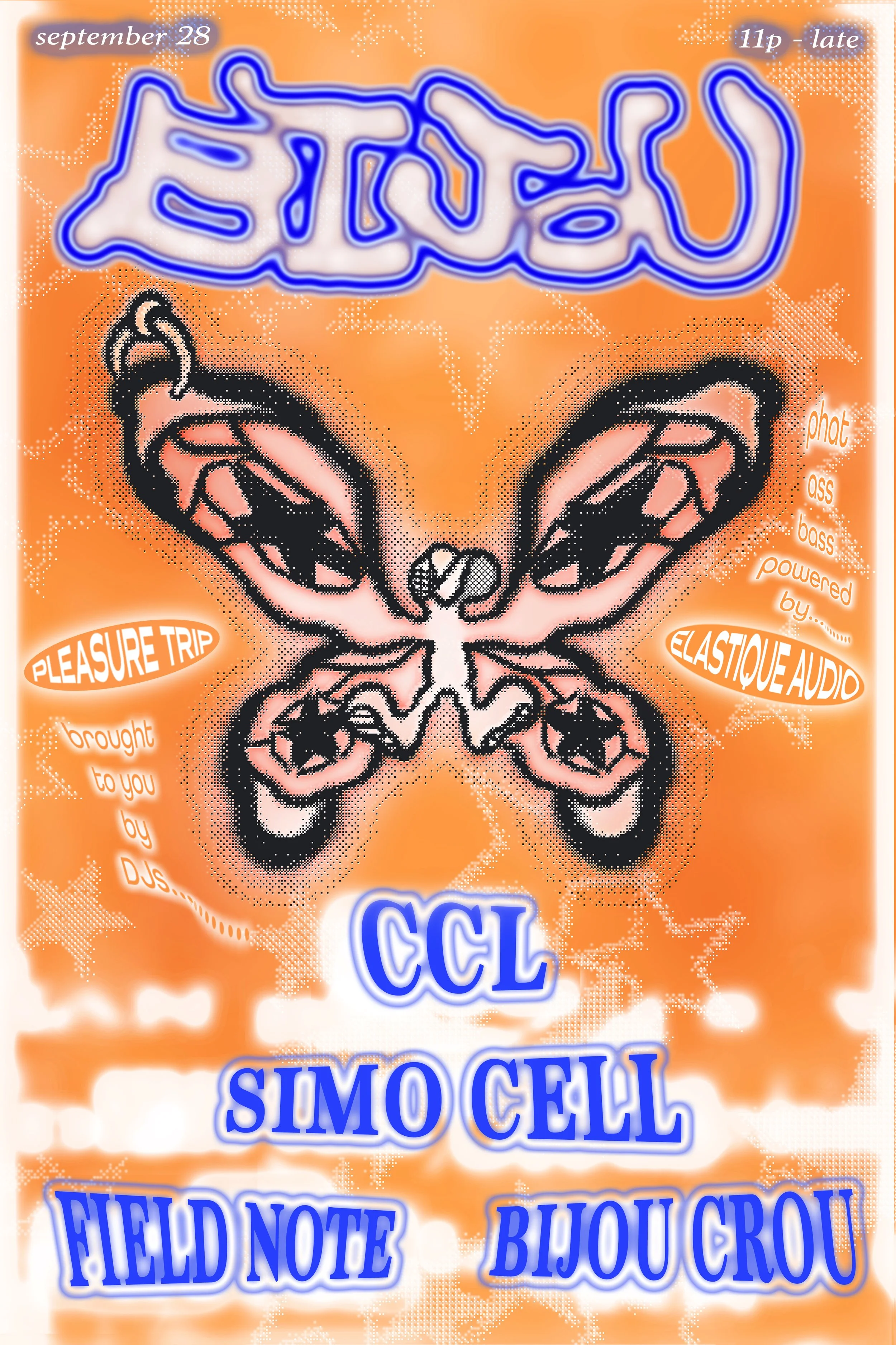 A colorful event poster with an orange background and cartoonish black and pink butterfly illustrations. The poster contains multiple texts, including 'September 28,' '11p - late,' and several phrases related to music and DJing, like 'Pleasure Trip,'