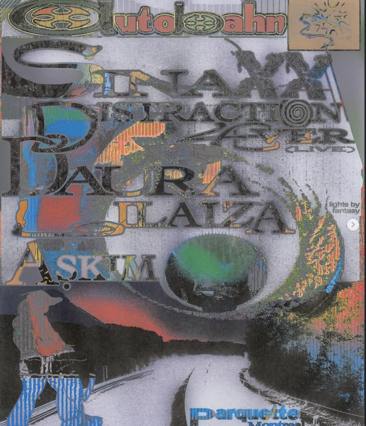 Poster featuring distorted and layered text with references to autism awareness and various organizations, including 'Autism,' 'Inaxia,' 'Traction,' 'Dura,' and 'Askum.' Includes a road scene at the bottom and abstract colorful elements.