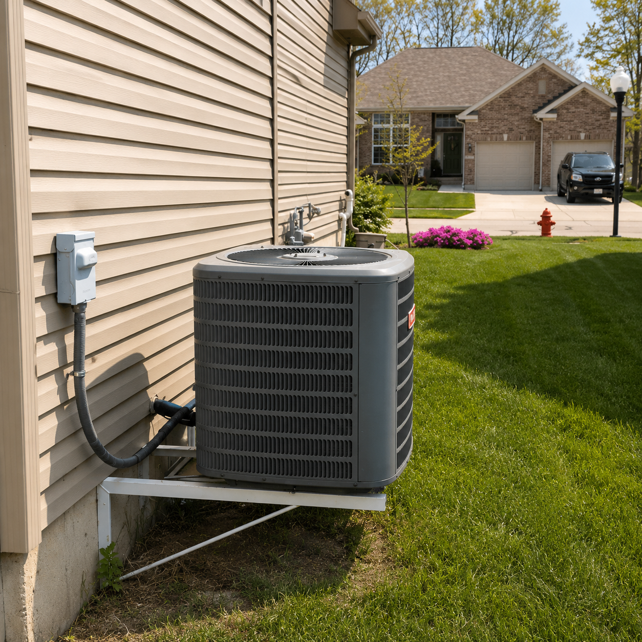 A central air conditioning unit installed outside a beige house with vinyl siding, situated on a grassy lawn with another house, driveway, and a parked vehicle in the background.