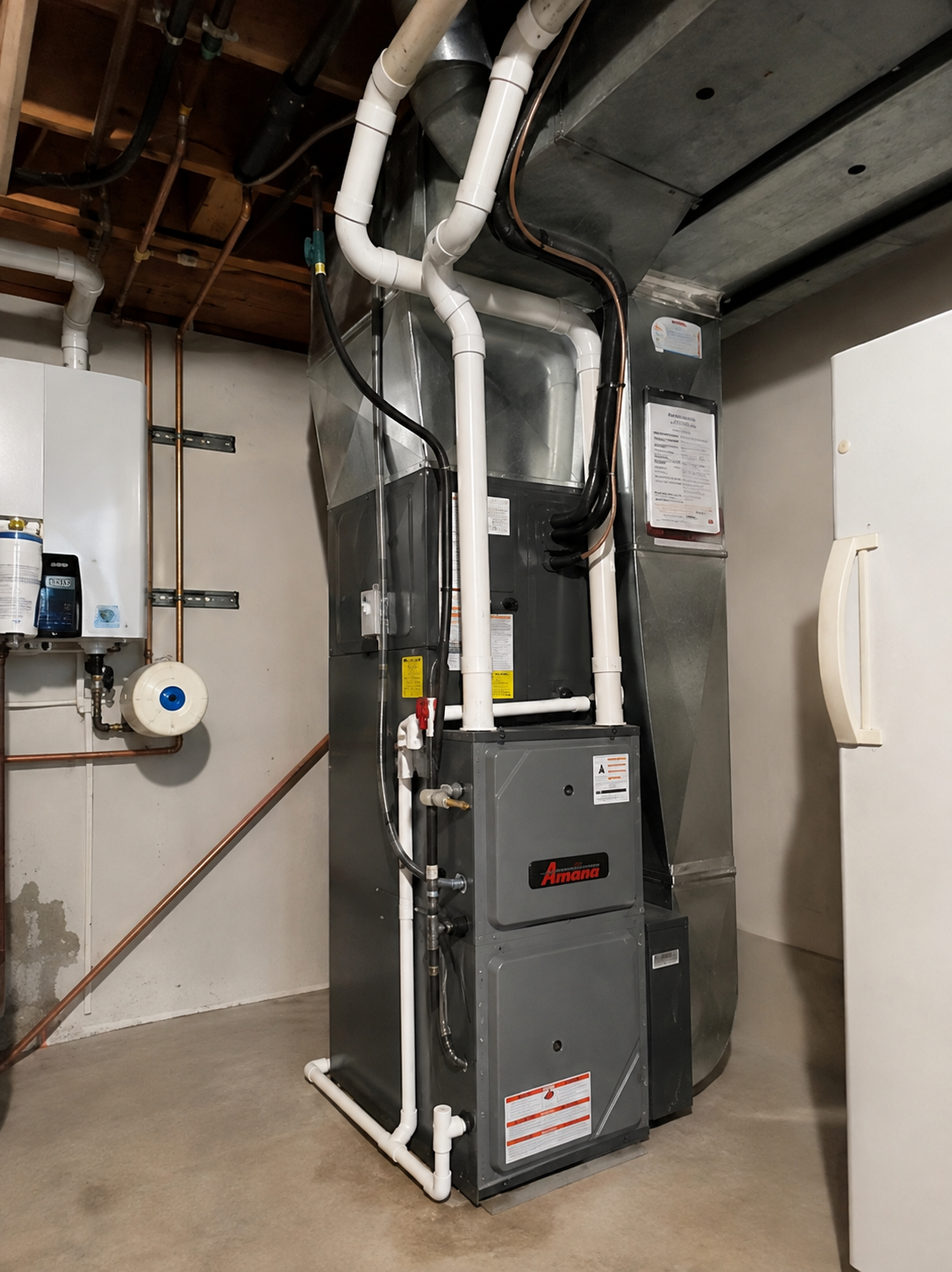 A central heating furnace with metal ductwork and white PVC pipes in a basement or utility room.