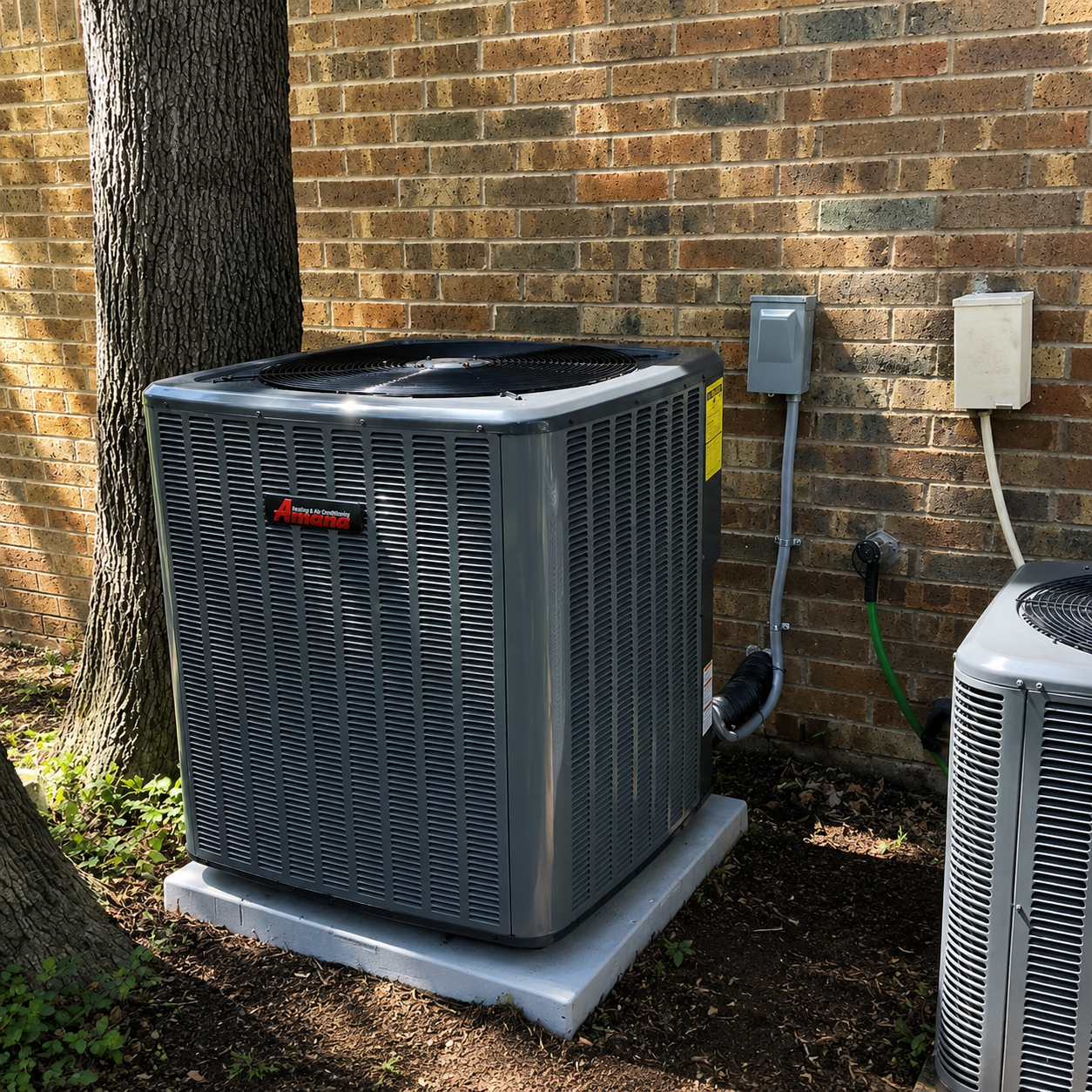 Outside view of an air conditioning system with a large gray unit, a smaller gray unit, electrical boxes, and a brick wall in the background, near trees and plants.