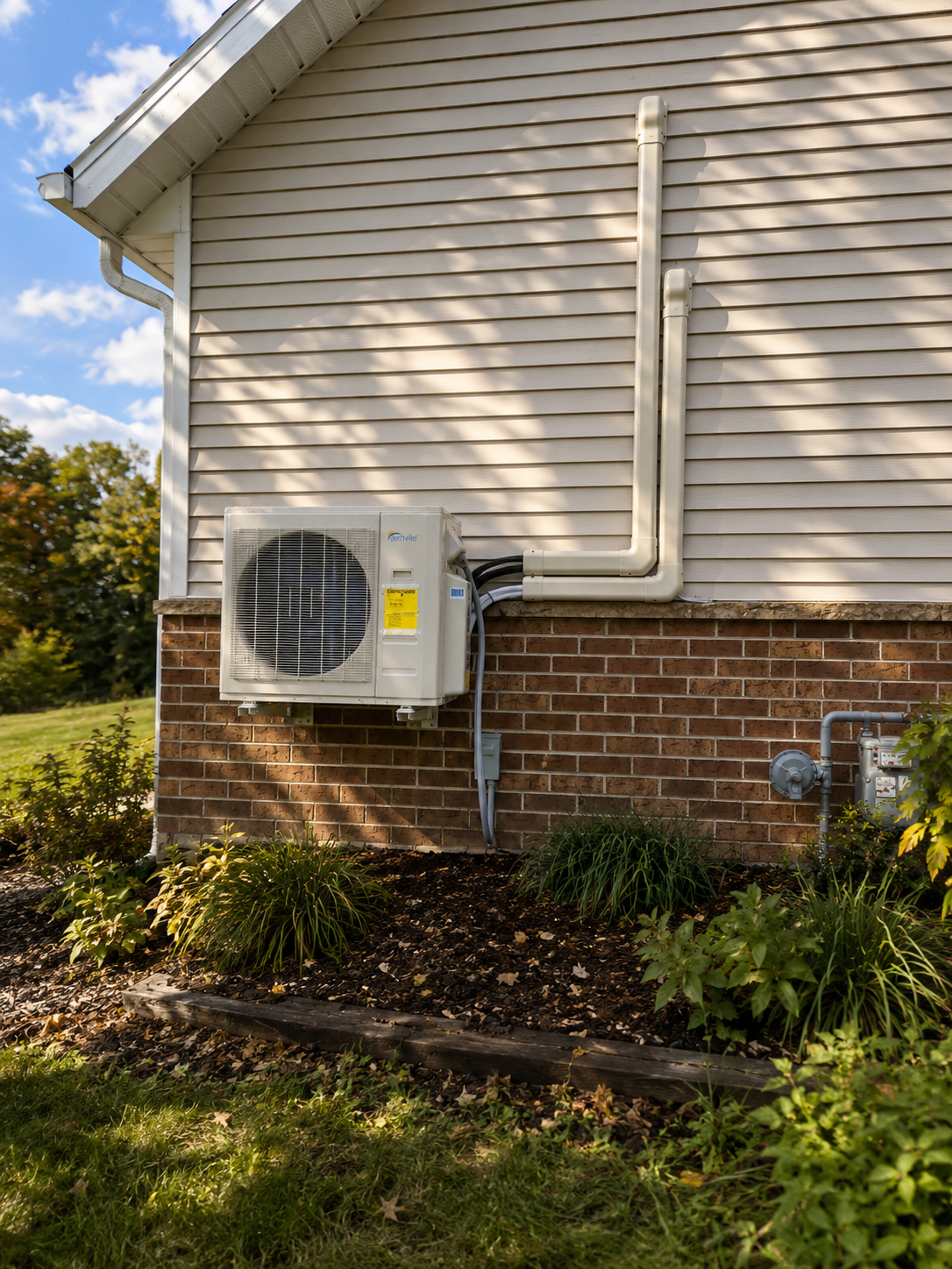 Outdoor view of a house wall with an air conditioning unit and associated pipework, surrounded by garden plants and foliage.
