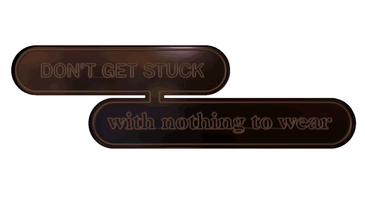 Nuuly campaign graphic featuring a blinking neon sign that reads  'Don't get stuck with nothing to wear' in glowing orange and purple colors.