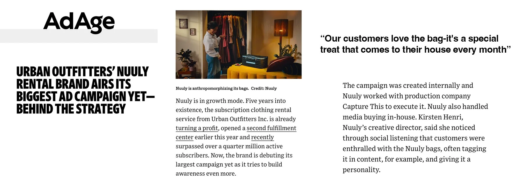 An Ad Age article covering Nuuly's TV campaign, featuring handcrafted puppets and practical effects.